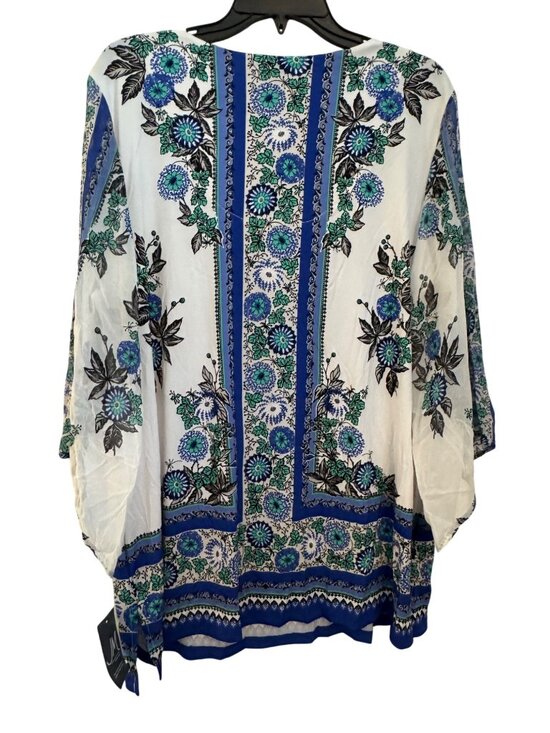 JM Collection Tops - JM Collection Womens 1X White Blue & Green Floral Print Sheer Sleeve Top